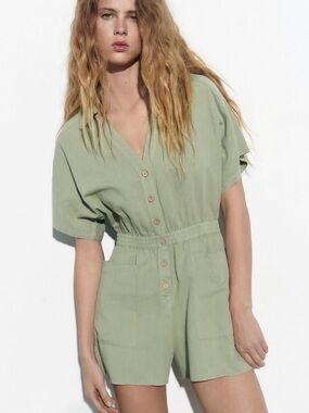 Zara Light Sage Green Short-Sleeve Button Romper